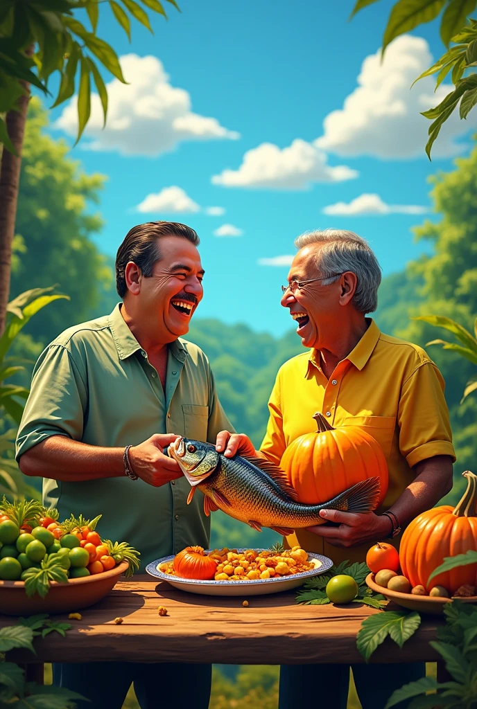 Bolsonaro eating a fish with Lula holding a pumpkin 