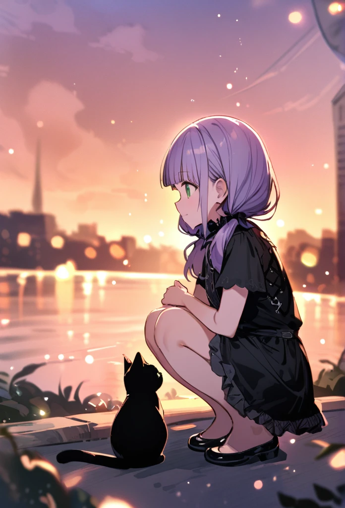 (watercolor:0.4), (pastel:0.4), (sketch:0.4) extremely detailed, 8k cg wallpaper, stunning art, absurdres, a cute child girl, , (pale purple hair,low-twintails,blunt bangs,green eyes), frilled gothic wear, short sleeves, BREAK light smile, squatting, closed legs, in front of a black cat, look at the cat, face to face, background is sunset, at bank of river, (depth of field:1.3), from side, (sparkles particles:1.1), bokeh,