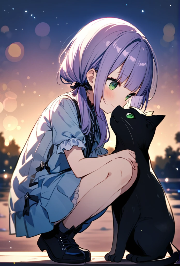 (watercolor:0.4), (pastel:0.4), (sketch:0.4) extremely detailed, 8k cg wallpaper, stunning art, absurdres, a cute child girl, 10yo, (pale purple hair,low-twintails,blunt bangs,green eyes), frilled gothic wear, short sleeves, BREAK light smile, squatting, closed legs, in front of a black cat, look at the cat, face to face, background is sunset, at bank of river, (depth of field:1.3), from side, (sparkles particles:1.1), bokeh,