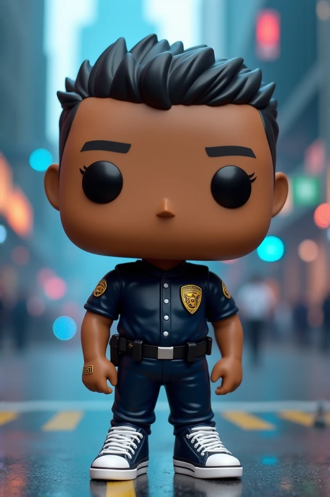 Funko pop of a human man with light brown skin, black short hair,plumpness,black jersey, black pants and white sneakers. no tattoos. fund: police headquarters.