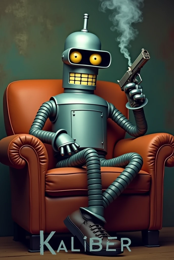 Bender from futurama smoking a cigar with a pistol sitting in a chair with the word “Kaliber” at the bottom