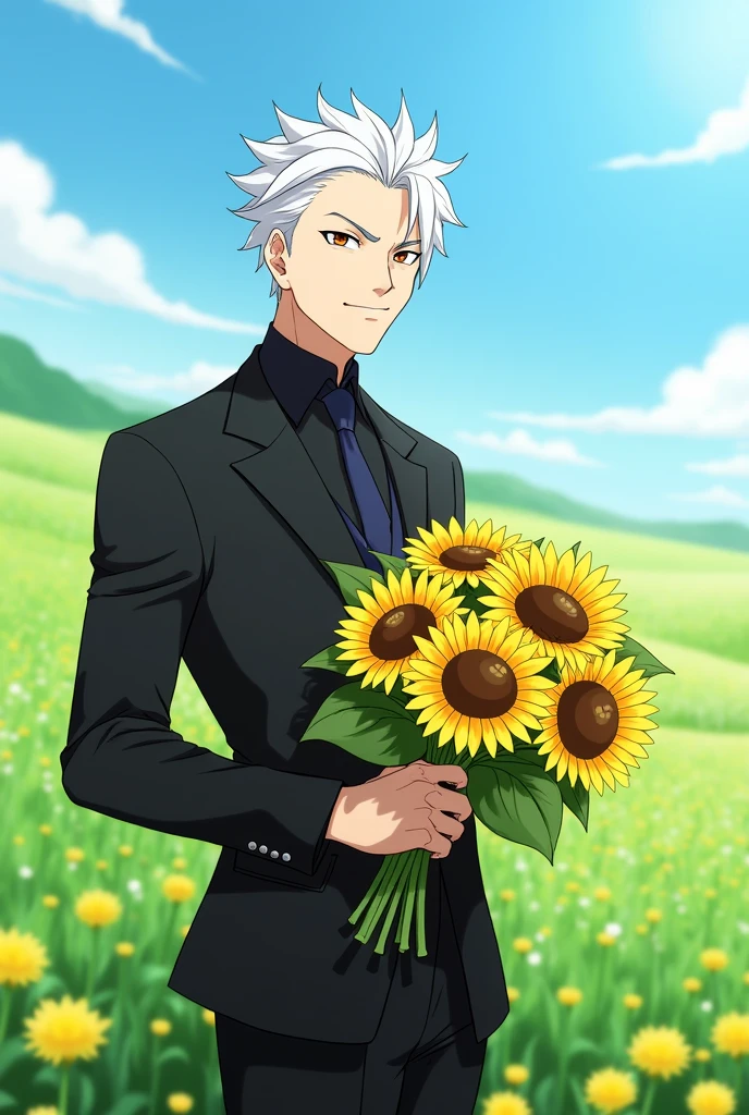 make satoru gojo from jujutsu kaisen holding a bouquet of sunflowers