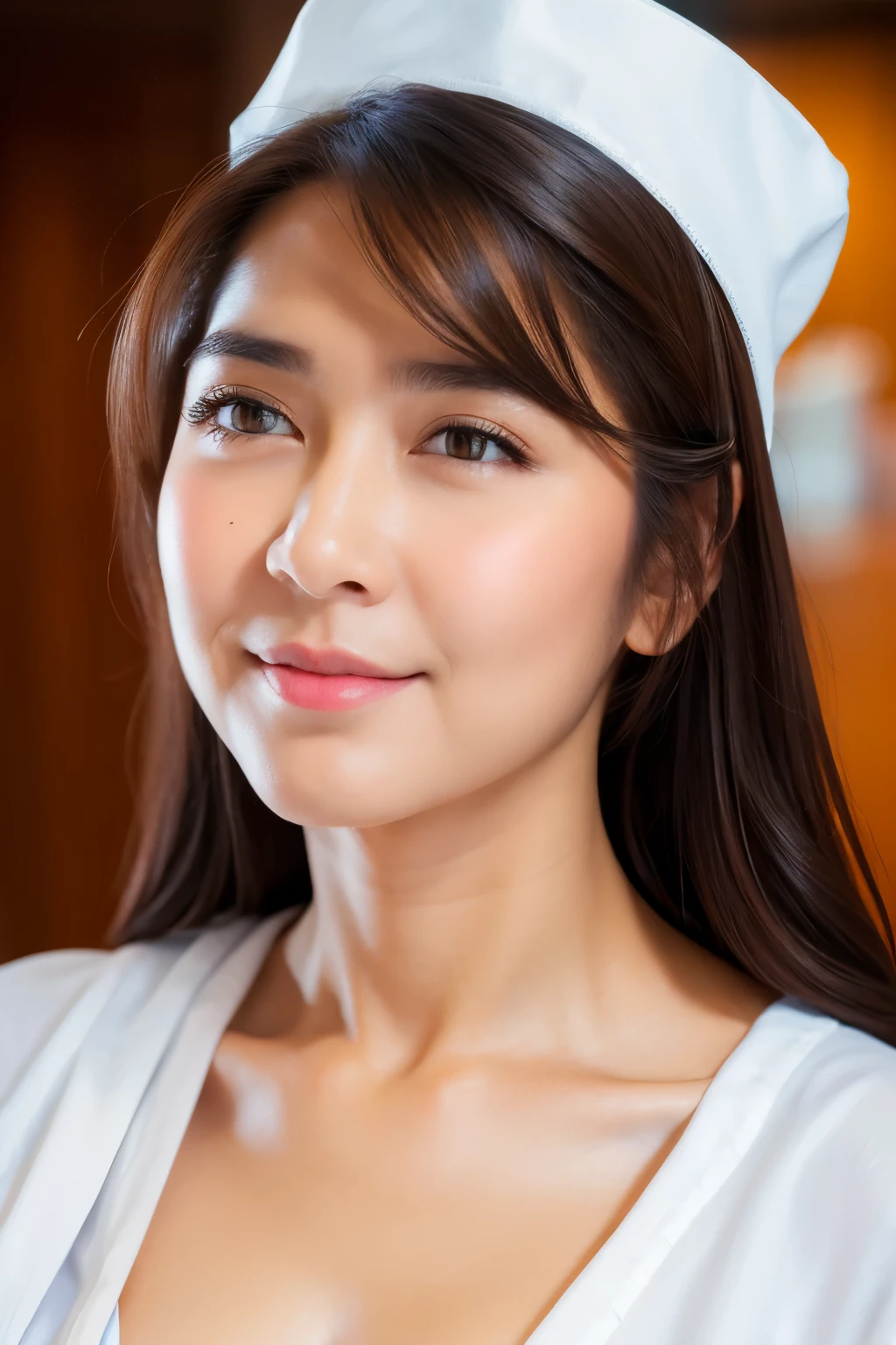 standing, bringing a cup of coffe, leaning forward, (white nurse outfit : 1.3), white skirt, (white nurse hat), looking at camera, front view, long hair, bangs, (detailed face), at medical room, tempting pose, potrait body, mouth closed, light smile, black eyes, 1 girl, 20yo,Young female,Beautiful Finger,Beautiful long legs,Beautiful body, Beautiful Nose,Beautiful character design, perfect eyes, perfect face,expressive eyes,perfect balance, (looking at viewer),extremely detailed CG unity 8k wallpaper, White skin, (masterpiece:1.0), (best_quality:1.0), ultra high res,4K,ultra-detailed, photography, 8K, HDR, highres, absurdres:1.2, Kodak portra 400, film grain, (vibrant_color:1.2),professional photograph, (Beautiful,huge_Breasts:1.4), (beautiful_face:1.5),(narrow_waist)