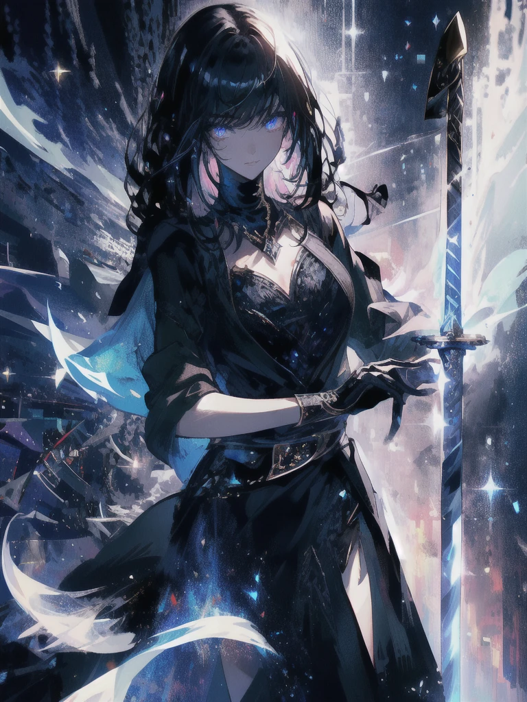 Holding a one-handed sword、Please take the black sword.、((masterpiece, highest quality, Super detailed, High resolution)), alone, beautiful girl, shining eyes, perfect eyes, , black white gold theme,