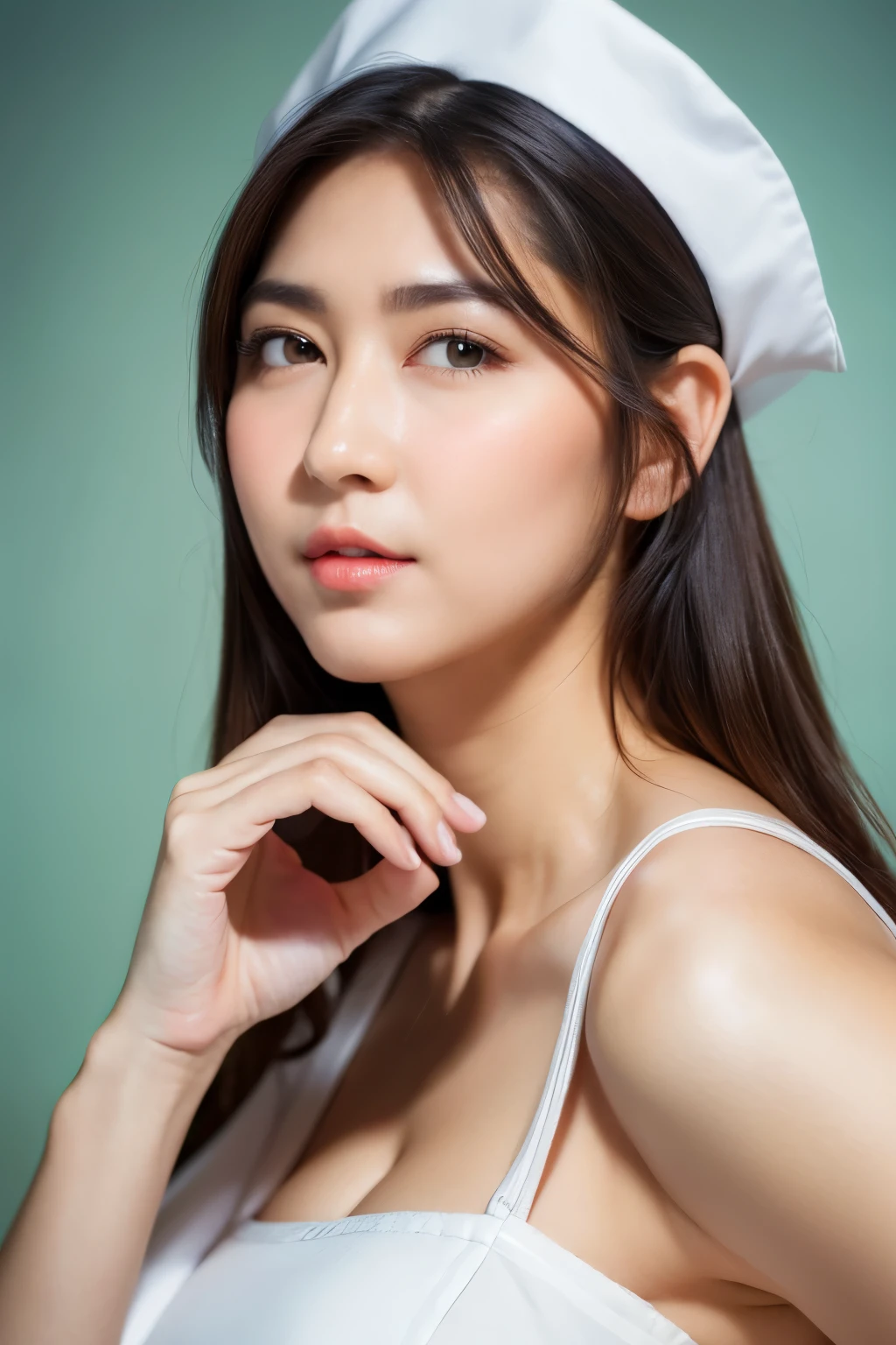 standing, bringing a cup of coffe, leaning forward, (white nurse outfit : 1.3), white skirt, (white nurse hat), looking at camera, front view, long hair, bangs, (detailed face), at medical room, tempting pose, potrait body, mouth closed, light smile, black eyes, 1 girl, 20yo,Young female,Beautiful Finger,Beautiful long legs,Beautiful body, Beautiful Nose,Beautiful character design, perfect eyes, perfect face,expressive eyes,perfect balance, (looking at viewer),extremely detailed CG unity 8k wallpaper, White skin, (masterpiece:1.0), (best_quality:1.0), ultra high res,4K,ultra-detailed, photography, 8K, HDR, highres, absurdres:1.2, Kodak portra 400, film grain, (vibrant_color:1.2),professional photograph, (Beautiful,huge_Breasts:1.4), (beautiful_face:1.5),(narrow_waist)