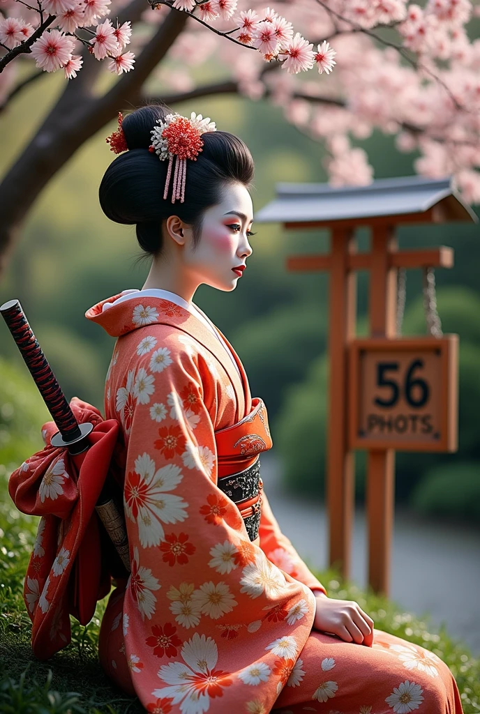 uma placa escrito : 36 Photos, a realistic geisha warrior sitting next to