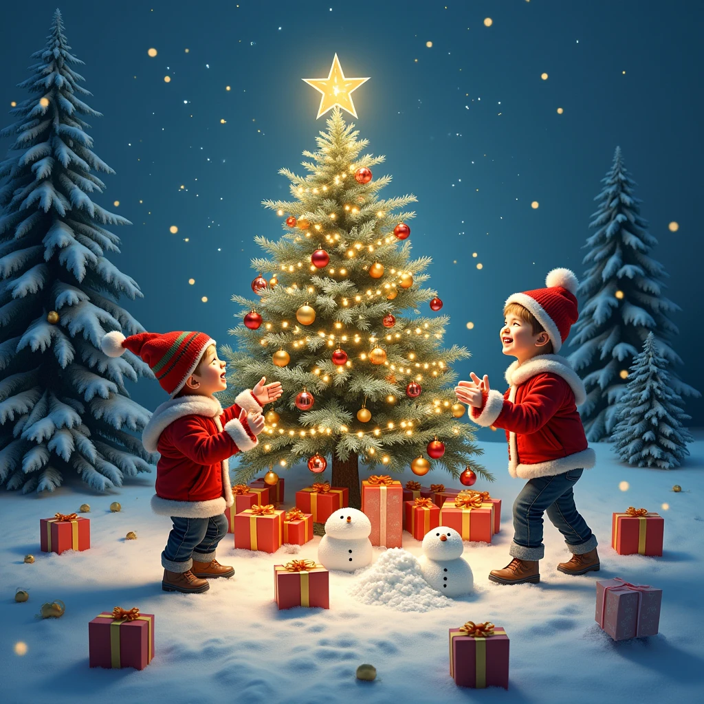 a joyful christmas celebration, christmas tree, presents, snowman, snow-covered landscape, sparkling lights, children playing in the snow, festive decorations, (best quality,4k,8k,highres,masterpiece:1.2),ultra-detailed,(realistic,photorealistic,photo-realistic:1.37),intricate details,warm lighting,vibrant colors,festive atmosphere,magical winter wonderland