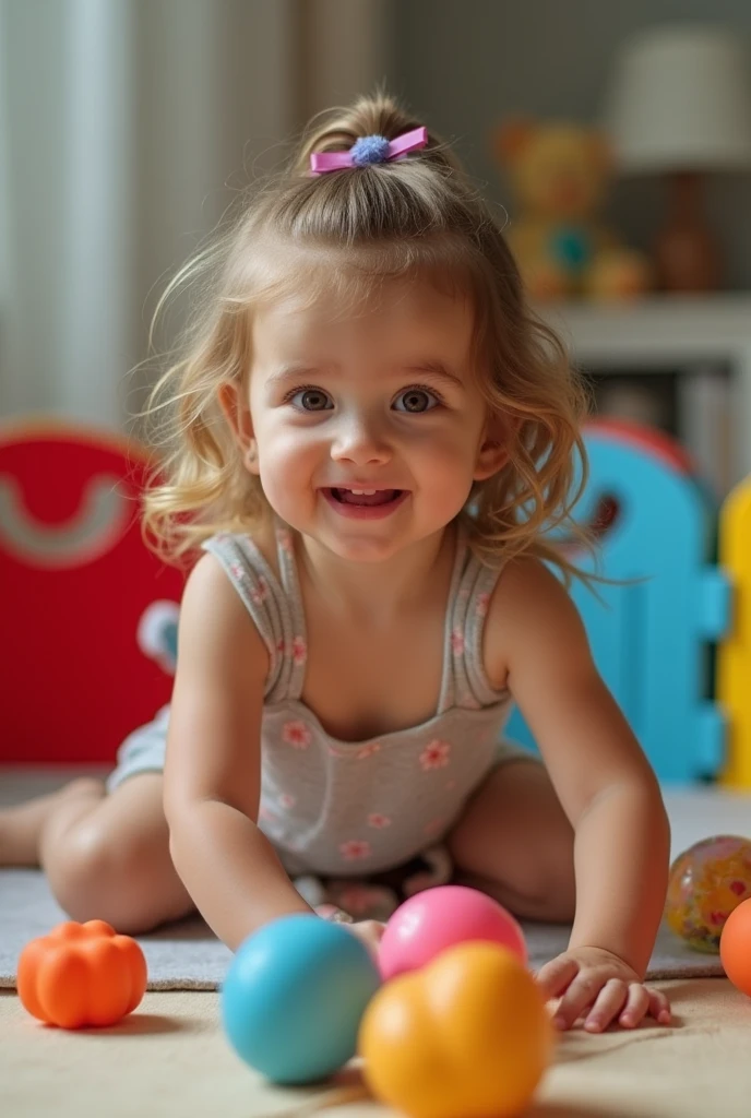 Ten year old girl in lingerie playing with toys in a playpen