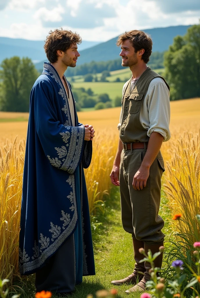 ( realistic ) Merlin is a young man using a rare clothes next to a farmer both in a farm and the nature talking to each other