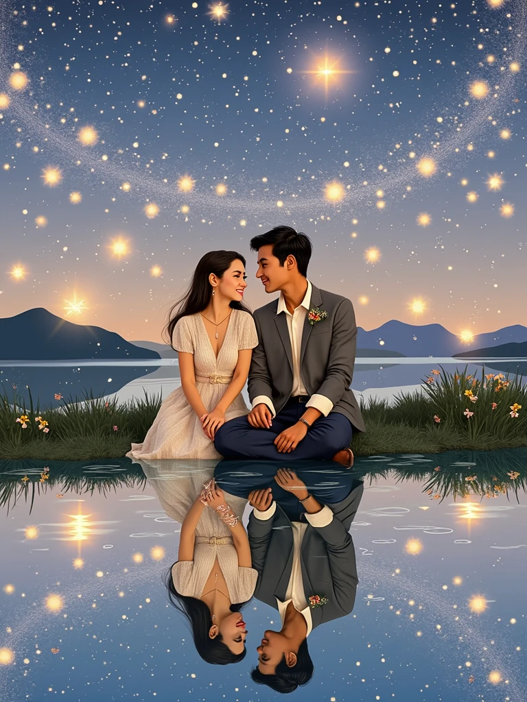 Ethereal,A couple having a romantic conversation under the stars,The scene is bathed in soft, warm colors,Create a peaceful and intimate atmosphere,The couple may be sitting by a peaceful lake,Their reflections dance in the water along with the twinkling stars,Notes float around them,Symbolizing their dialogue,Adds a romantic touch to the scene