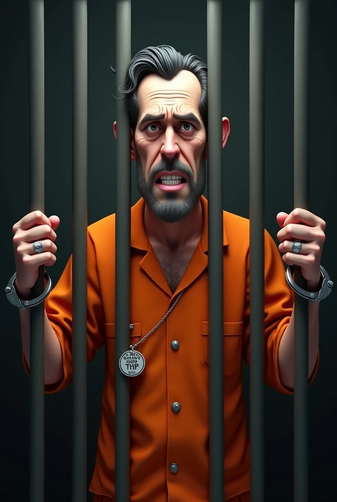 Create a 3D-style election flyer featuring an animated, fictional character representing a disgraced politician who is a known thief and has been imprisoned. The character should be a stylized, non-realistic figure dressed in an orange prison jumpsuit, with a disheveled appearance and an angry or desperate expression. The character should be depicted behind bars, gripping the metal bars of the prison cell, emphasizing their confinement. The design should make a clear reference to a "Ficha Suja" (dirty record) politician, with elements like handcuffs, a prison number tag, or a criminal record file subtly incorporated into the scene. The background should be dark and grim, with the cold, harsh environment of a prison, reinforcing the sense of punishment and downfall. The overall style should be modern, impactful, and visually striking.

Size: 1024x1792 (vertical format)