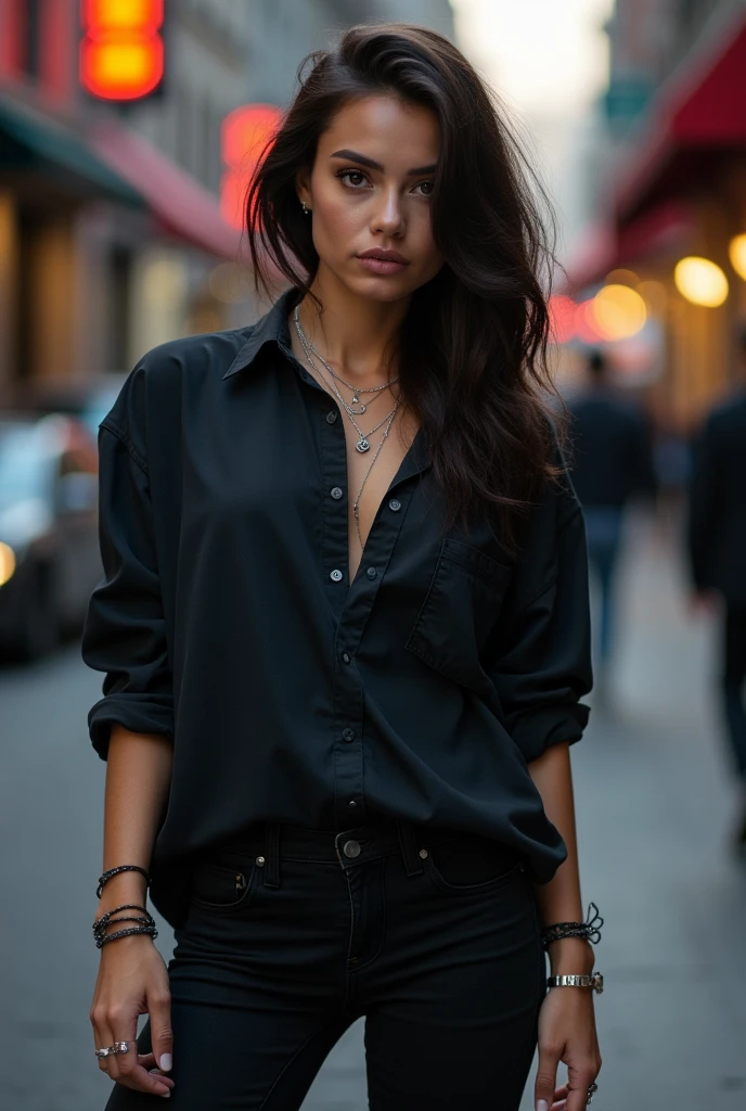 Masculine woman with brunet hair and Brown eyes She IS wearing black owersize shirt with black jeans and Black Combat boots She have 3 pearsings in right ear and 2 pearsings in left ear and 1 in lip on left side