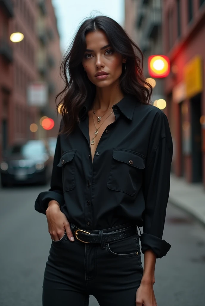 Masculine woman with brunet hair and Brown eyes She IS wearing black owersize shirt with black jeans and Black Combat boots She have 3 pearsings in right ear and 2 pearsings in left ear and 1 in lip on left side