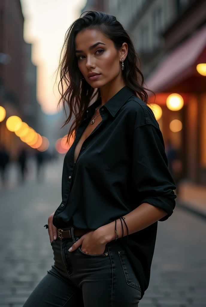 Masculine woman with brunet hair and Brown eyes She IS wearing black owersize shirt with black jeans and Black Combat boots She have 3 pearsings in right ear and 2 pearsings in left ear and 1 in lip on left side 