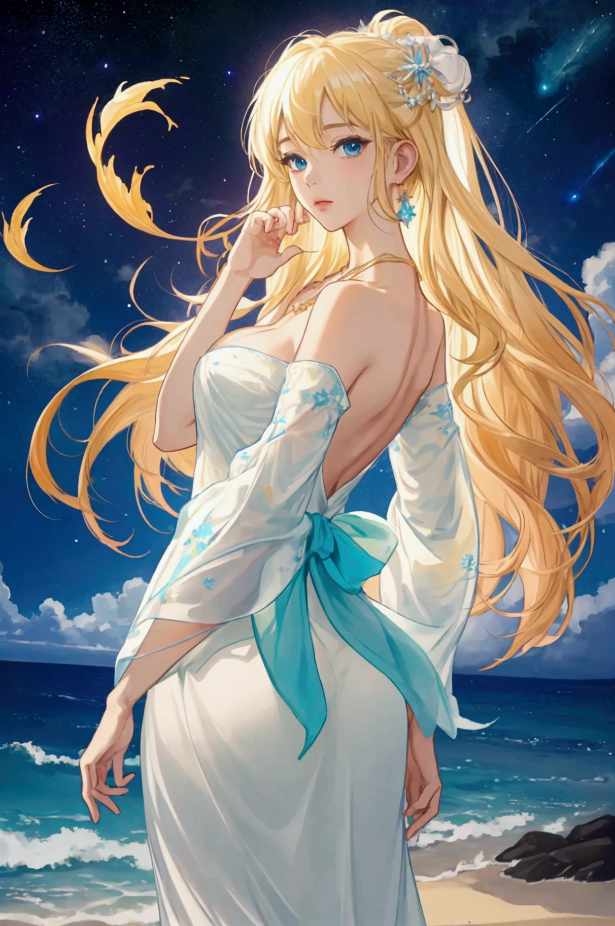 ,((highest quality))),8k,((masterpiece)),(Very sophisticated and beautiful), A completely naked girl emerges from the sea, The Swan Princess of Russian Mythology, Beautiful calm face, blue eyes, Long blonde hair braided, Moon braid at the back of the head, With a kokoshnik crown on his head, Loving eyes, Half-laugh, A gentle expression appeared, Background seascape and sunlight, Seagulls in the sky, full length, realism,Completely naked