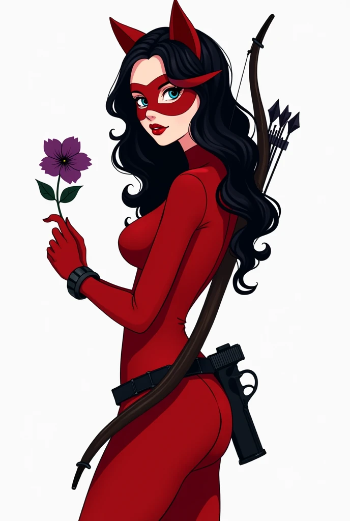 A silhouette of a teen girl wearing red Catwoman suit. Wavy hair. no head gear. Wearing red mascaraed mask.  a small gun in her side-pocket and bow and arrow in her back. Plain background. Semi-realism art. Holding a little purple-black petunia flower 