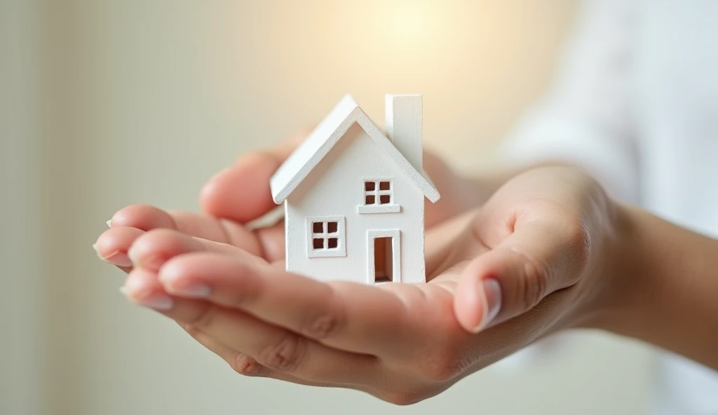 A miniature white-painted house delicately balanced on two open palms, symbolizing protection and care. The house is detailed with small windows and a sloped roof, with soft light reflecting off its pristine surface. The hands, gentle yet firm, cradle the house as if shielding it from harm, representing security and warmth. The background is a soft, neutral tone, keeping the focus entirely on the hands and the house, emphasizing the theme of guardianship and safety