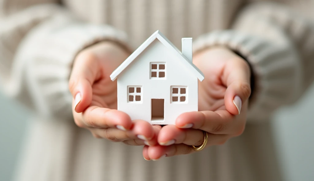 A miniature white-painted house delicately balanced on two open palms, symbolizing protection and care. The house is detailed with small windows and a sloped roof, with soft light reflecting off its pristine surface. The hands, gentle yet firm, cradle the house as if shielding it from harm, representing security and warmth. The background is a soft, neutral tone, keeping the focus entirely on the hands and the house, emphasizing the theme of guardianship and safety