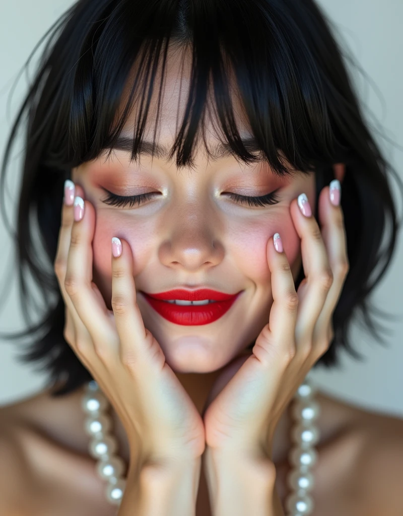 (RAW photo, best quality, masterpiece: 1.2), (photorealistic: 1.4), (Polish girl, 20 years old, black hair, Eyes closed, short bob cut, hair in 7 thirds, hair over one ear, solo, Detailed Skin, rip gloss, blush:1.1), Bright red lips, slightly upturned face, large pearl necklace, wet hair, white background, close-up of face, nude, cinematic lighting, grin, covering face with hands, Gel Nails