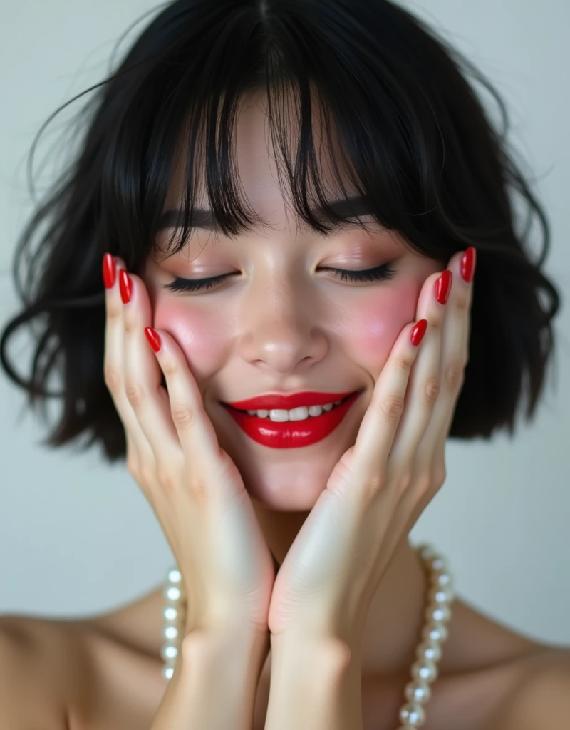 (RAW photo, best quality, masterpiece: 1.2), (photorealistic: 1.4), (Polish girl, 20 years old, black hair, Eyes closed, short bob cut, hair in 7 thirds, hair over one ear, solo, Detailed Skin, rip gloss, blush:1.1), Bright red lips, slightly upturned face, large pearl necklace, wet hair, white background, close-up of face, nude, cinematic lighting, grin, covering face with hands, Gel Nails