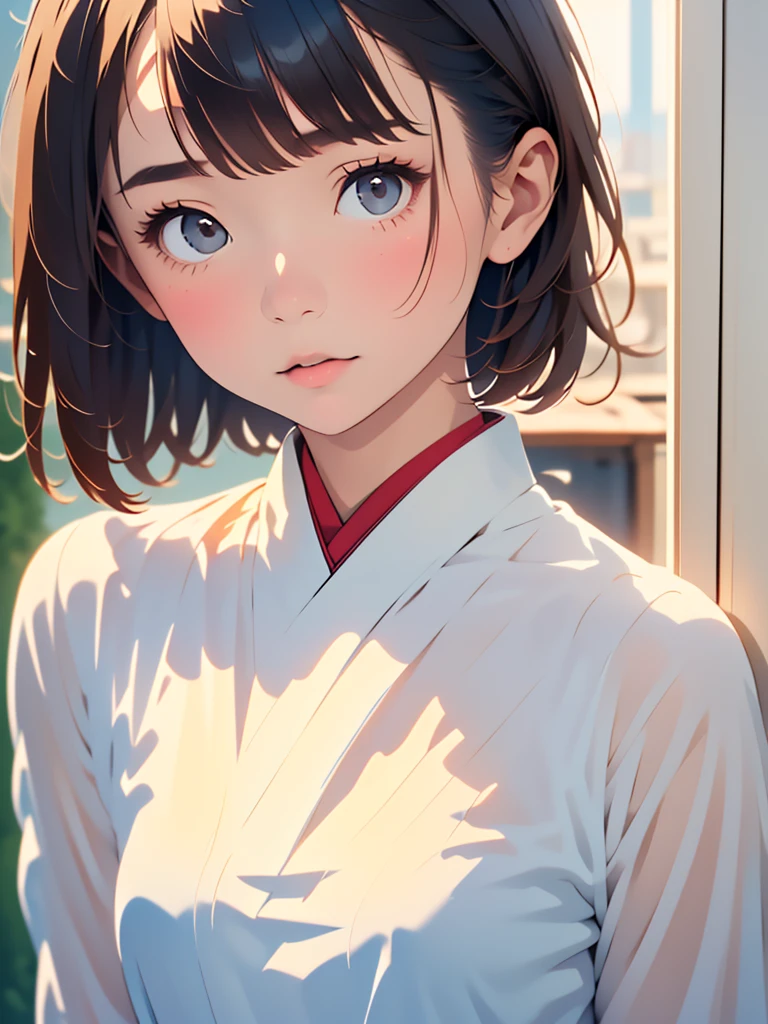 （(​masterpiece:1.4、top-quality))、(photographrealistic:1.4)、profetional lighting、physically-based renderingt,cowboy shot,Bery short hair、extra detailed face、Detailed skin、(Beautiful japanese girl:1.05)、thin bunches of bangs、knit、White Room、white walls