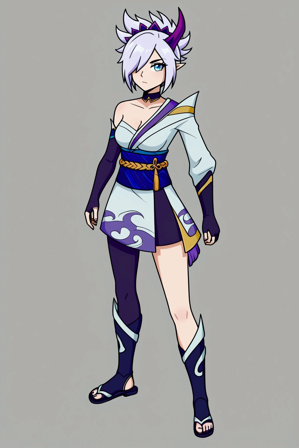 RivenSBXL, blue eyes, white hair, short hair, hair over one eye, sidelocks, single horn, hair ornament, pointy ears, medium breasts, black choker, collar bone, single bare shoulder, cleavage, white kimono, purple sash, multicolored sash, purple elbow gloves, fingerless gloves, purple pants, asymmetrical clothes, greaves, purple sandals
