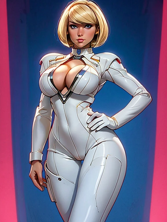 masterpiece, white bodysuit, full body shot, cleavage, gorgeous woman, clone, barcode, blonde, slave collar, 1girl, bobcut, rubenesque woman