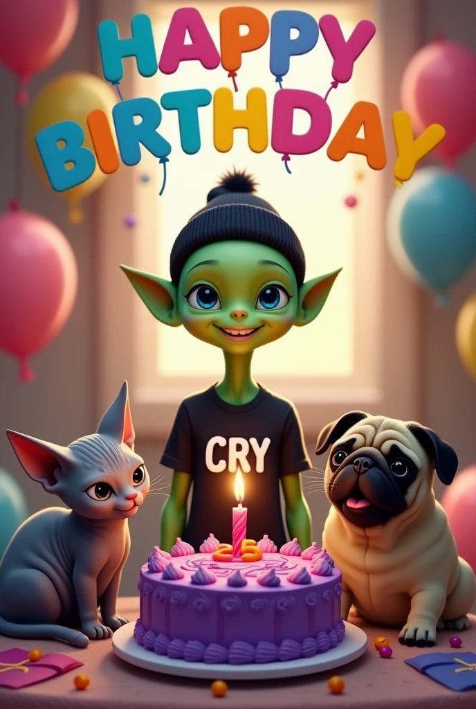 small green male alien, sonrriendo, with a tender face, blue eyes, dressed in a black beanie, Black t-shirt with the name CRY, with a purple cake with a 25th birthday candle, accompanied by a gray Sphynx cat and a pug dog, with large text at the top that says happy birthday Cri Cri, realistic, intricate details.