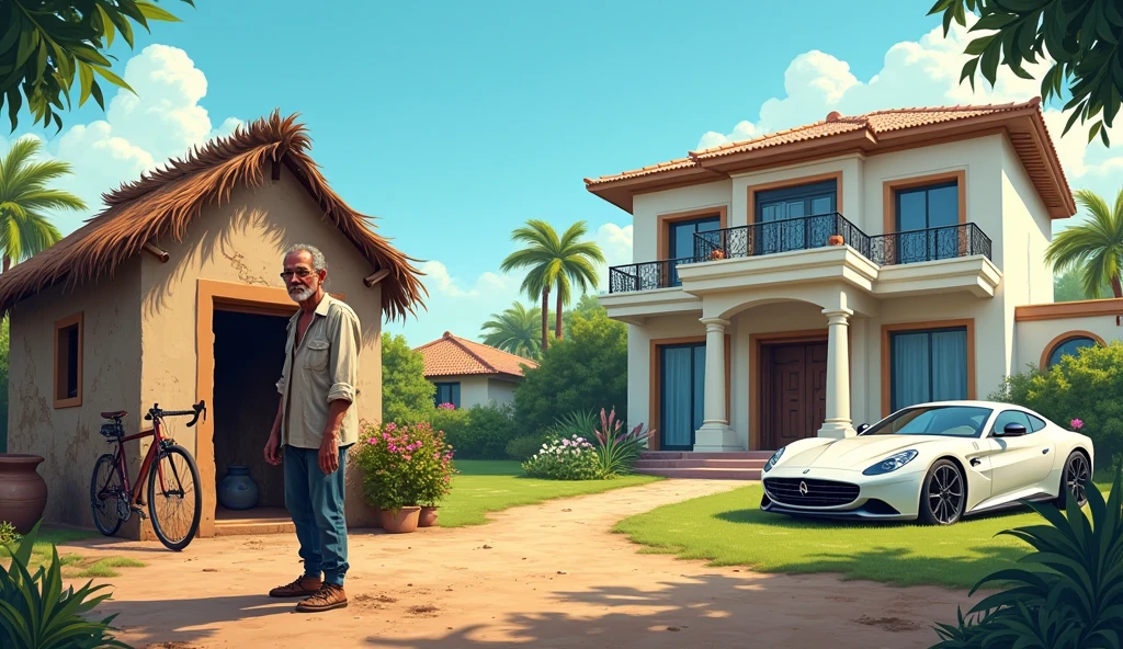 Here’s a prompt for a thumbnail illustrating the contrast between a poor man's lifestyle and a rich man's lifestyle:
"Create a cartoon-style thumbnail that visually contrasts the lifestyles of two men. On the left side, depict a poor man in worn-out, simple clothes standing in front of a small, shabby hut. Surround him with basic, modest elements like a cracked pot, an old bicycle, and a dirt path. His expression should show struggle or fatigue.
On the right side, illustrate a rich man dressed in elegant, expensive clothes, standing in front of a luxurious, modern house. The rich man should be surrounded by symbols of wealth such as a shiny car, lush green lawn, and lavish decor. The overall scene should highlight the stark differences in their living conditions and lifestyles."