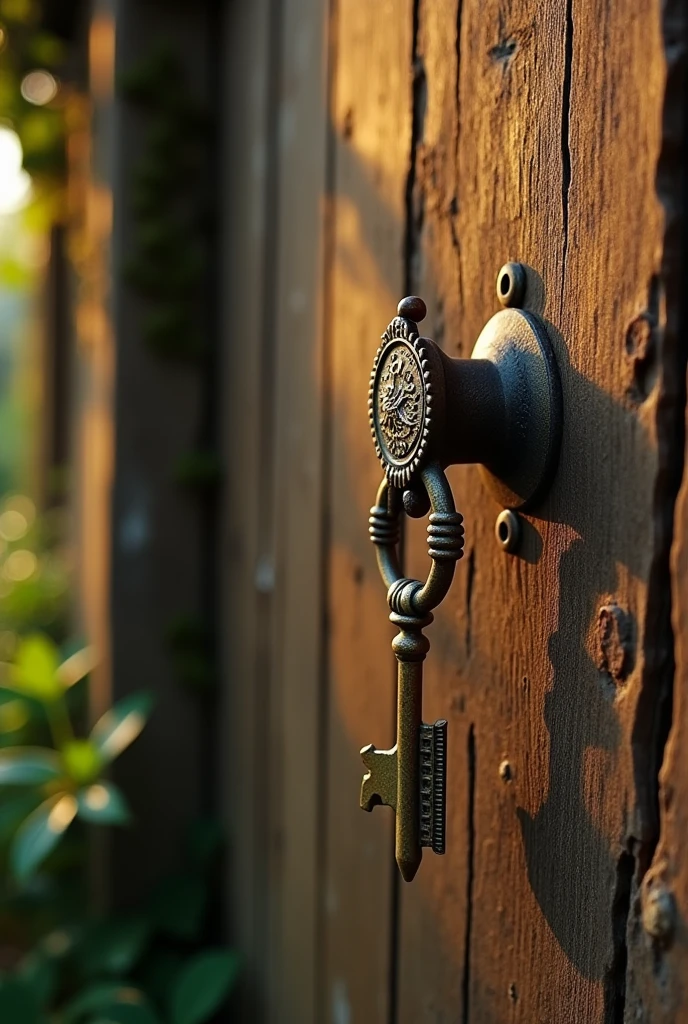 Old key in a wooden door