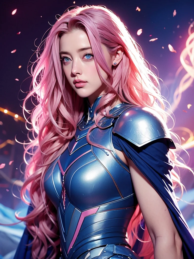 “AMBER HEARD, long curly hair, pink hair, blue eyes, armor, sword, magic