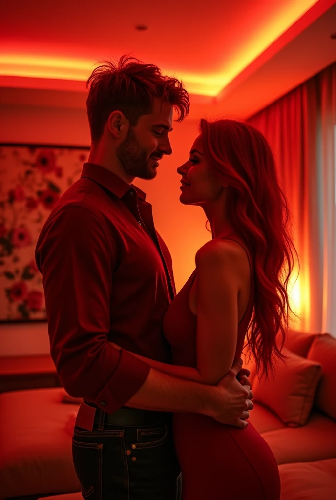 red-haired woman,with her red-haired boyfriend and a hotel with red LED