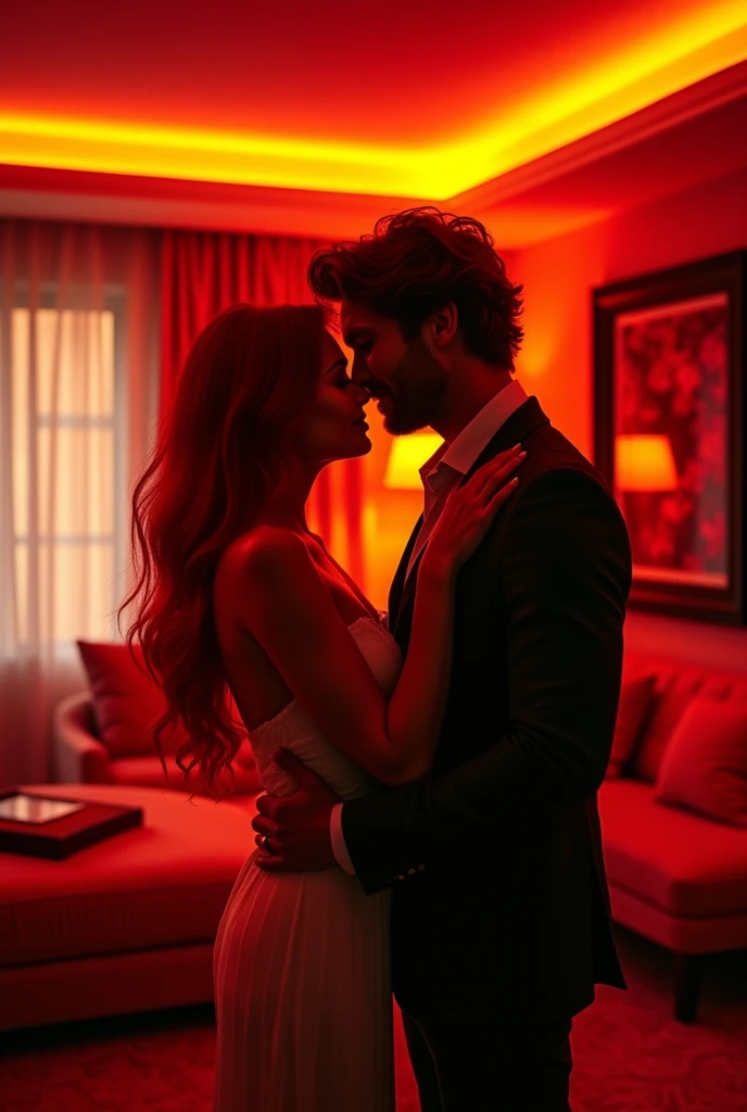 red-haired woman,with her red-haired boyfriend and a hotel with red LED