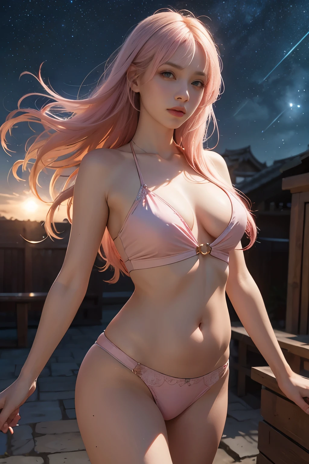 1 beautiful woman，Long pale pink hair，Long flowing hair，Outdoor starry sky，meteors，（RAW photos，best qualtiy），（realisticlying，photograph realistic：1.3），best qualtiy，highly  detailed，tmasterpiece，Hyper-detailing，illustratio，1girll，The upper part of the body，dynamic angle，Masterpiece Theatre of the World，Messy_Long_Hair，best qualtiy，extremely detailed CG unity 32k wal，ink，astounding，cinmatic lighting，lens_flare，，dunhuang_Style,The belly button and the surrounding area are exposed,Are thin,Tiny breasts,A beautiful girl,