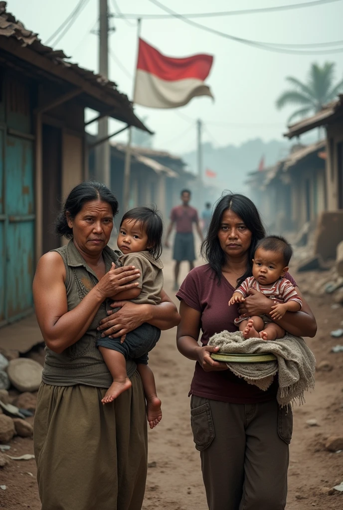 The sad nuances of farmers, laborer, mothers carrying their children while crying, grandmothers carrying worn plates and crying children in shabby clothes in a country and there is a shabby Indonesian flag in the background of a war zone
