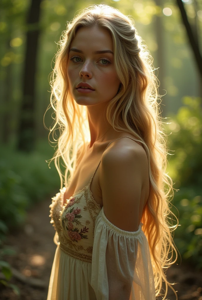 close up of a European woman, long blonde hair, spring forest, (cleavage), (big curvy breasts), natural skin, sexy, flower crown, 24mm, 4k, soft cinematic light, RAW photo, photorealism, photorealistic, intricate, elegant, highly detailed, sharp focus, ((((cinematic look)))), soothing tones, insane details, intricate details, hyperdetailed, low contrast, soft cinematic light, dim colors, exposure blend, hdr, faded