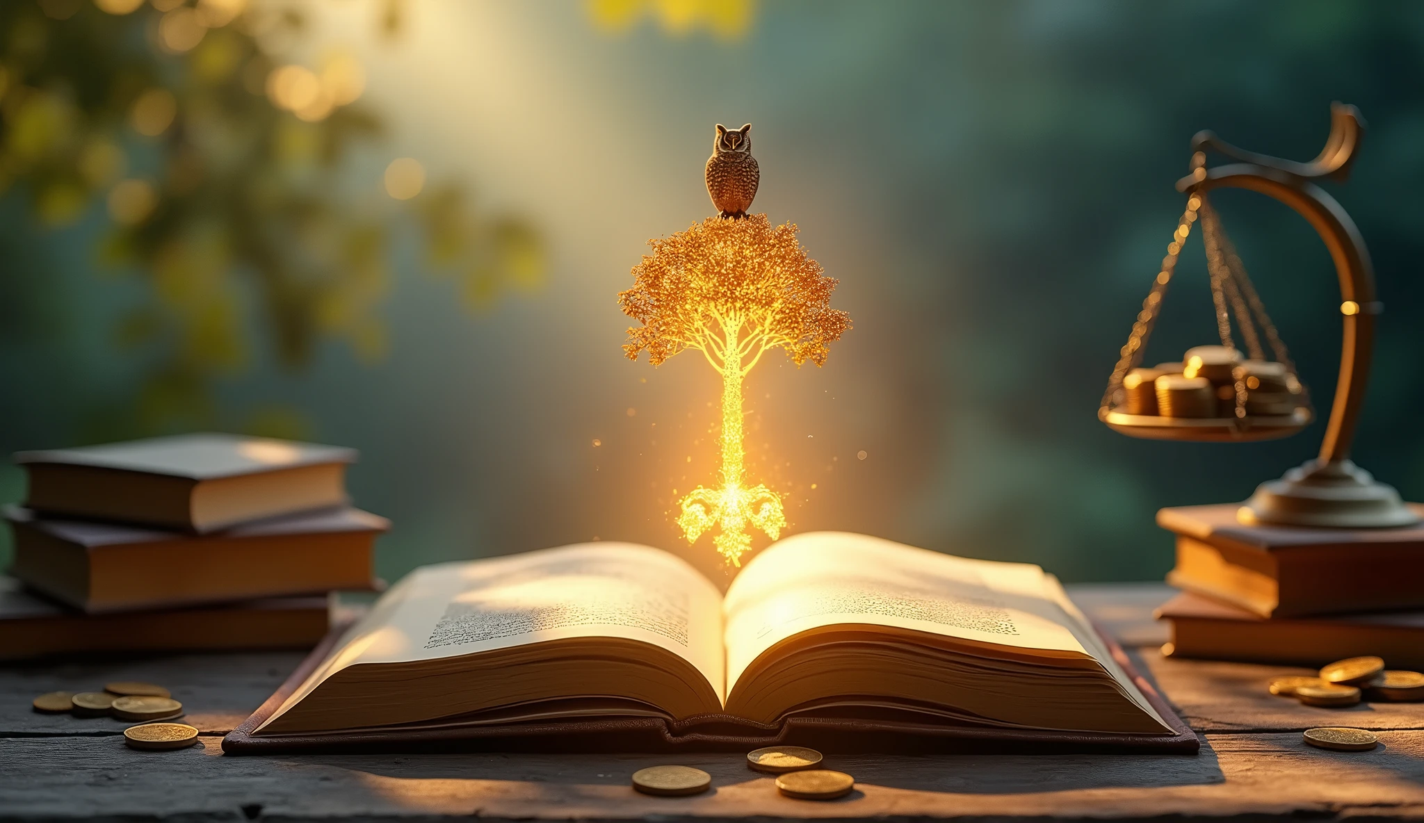 Create an image that visually represents the idea 'Knowledge is the key to transforming your financial life, with wisdom prioritized over material wealth.' Depict an ancient, glowing book symbolizing wisdom, with golden light radiating from its pages. This light forms a key that opens a vault, not filled with money, but with symbols of wisdom—like an owl, a tree of knowledge, or a scale balancing books and coins, showing the greater weight on the side of knowledge. The background should suggest serenity and clarity, emphasizing the value of wisdom over mere material gain