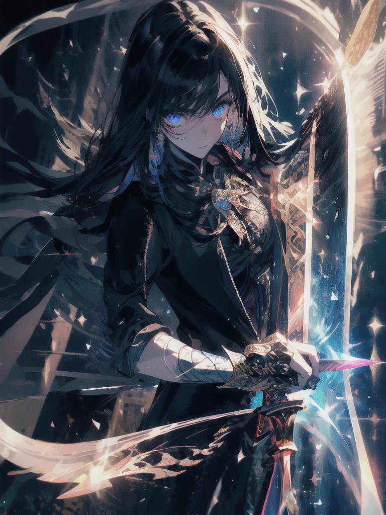 Holding a one-handed sword、Please take the black sword.、((masterpiece, highest quality, Super detailed, High resolution)), alone, beautiful girl, shining eyes, perfect eyes, 15 years old, black white gold theme,