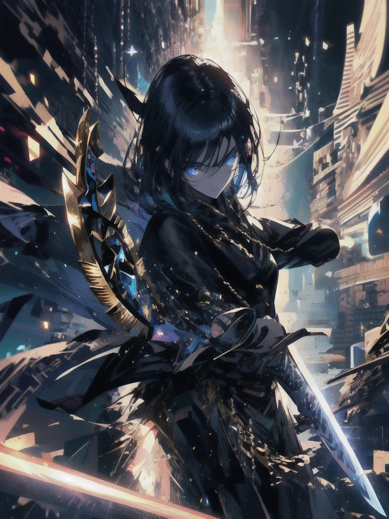 Holding a one-handed sword、Please take the black sword.、((masterpiece, highest quality, Super detailed, High resolution)), alone, beautiful girl, shining eyes, perfect eyes, , black white gold theme,
