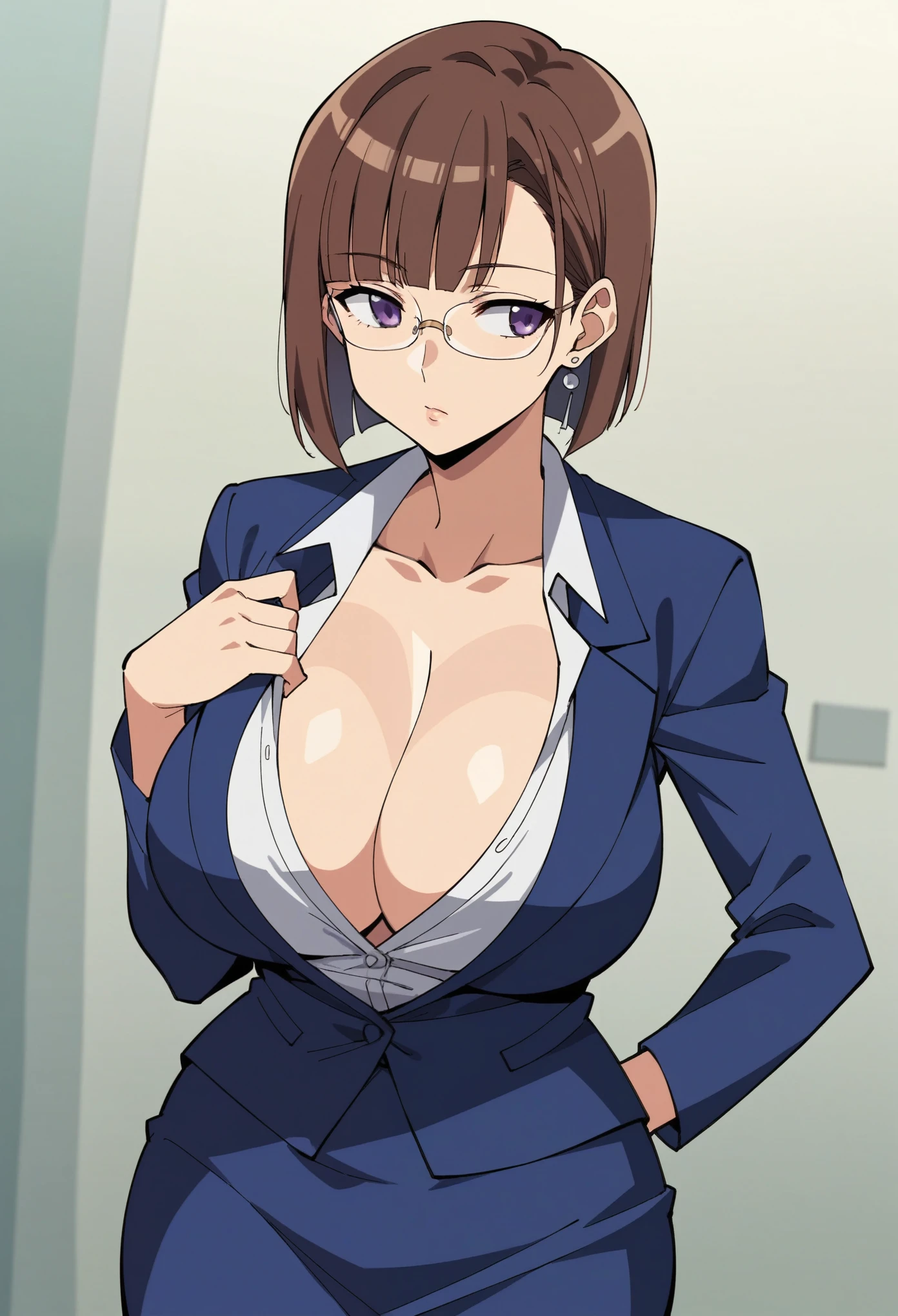 score_9, score_8_up, score_7_up, source_anime, (anime coloring, anime screencap:1.2), megami magazine, huge breasts, 1990s (style), big eyes, 1girl, plunging neckline, jacket, office lady, pencil skirt, glasses, bob cut, blunt bangs, brown hair, purple eyes, cowboy shot, dutch angle, looking away, expression, earping