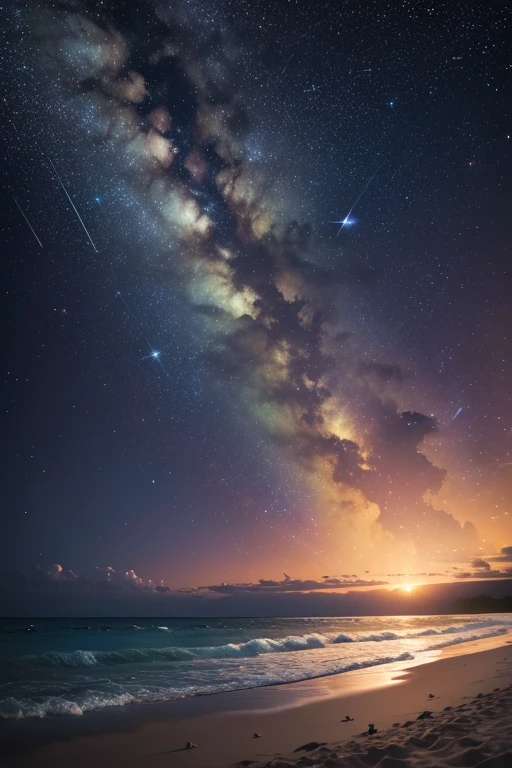 (zoom:1.1), (meteor shower:1.2), (comet:1.1), low angle, arora borealis, shooting star, top quality, masterpiece, clouds, colorful, southeast Asian beach, summer, seascape