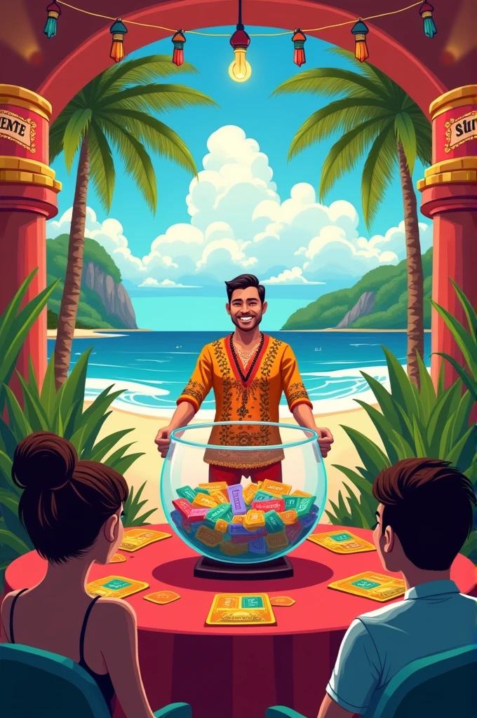 An illustration showing the raffle drawing for a trip for two people to Barú, Cartagena and Santa Marta Colombia (Spanish language )