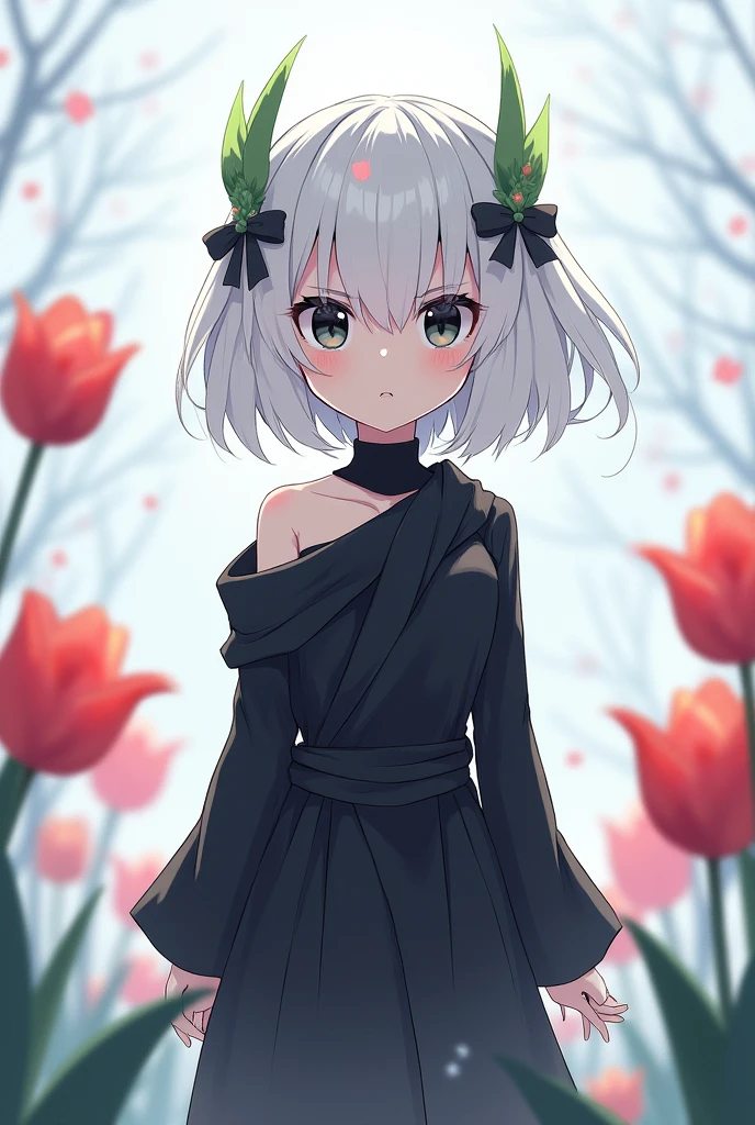 Anime character with a serious but cute face , She has short white hair and a crown of green leaves., He has white skin and his clothes are black, black eyes , whiter skin than this one in front, put a white landscape or with tulips


