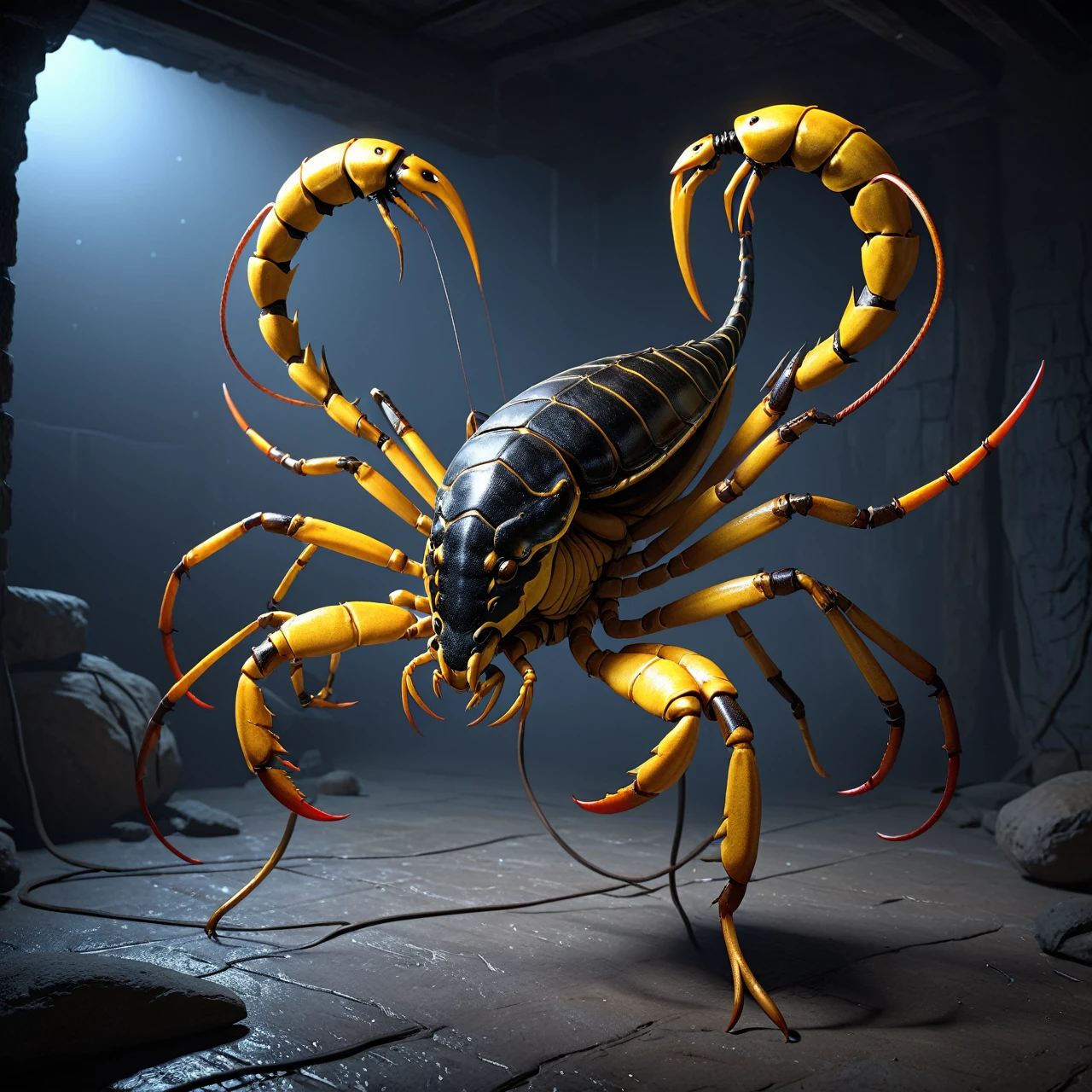 Scorpion with saddle on its back in a dark room, Giant Scorpion, insectoide, very realistic concept art, Scorpion whip, 3D character concept art., concept creature character art, 3 d octane render conceptart