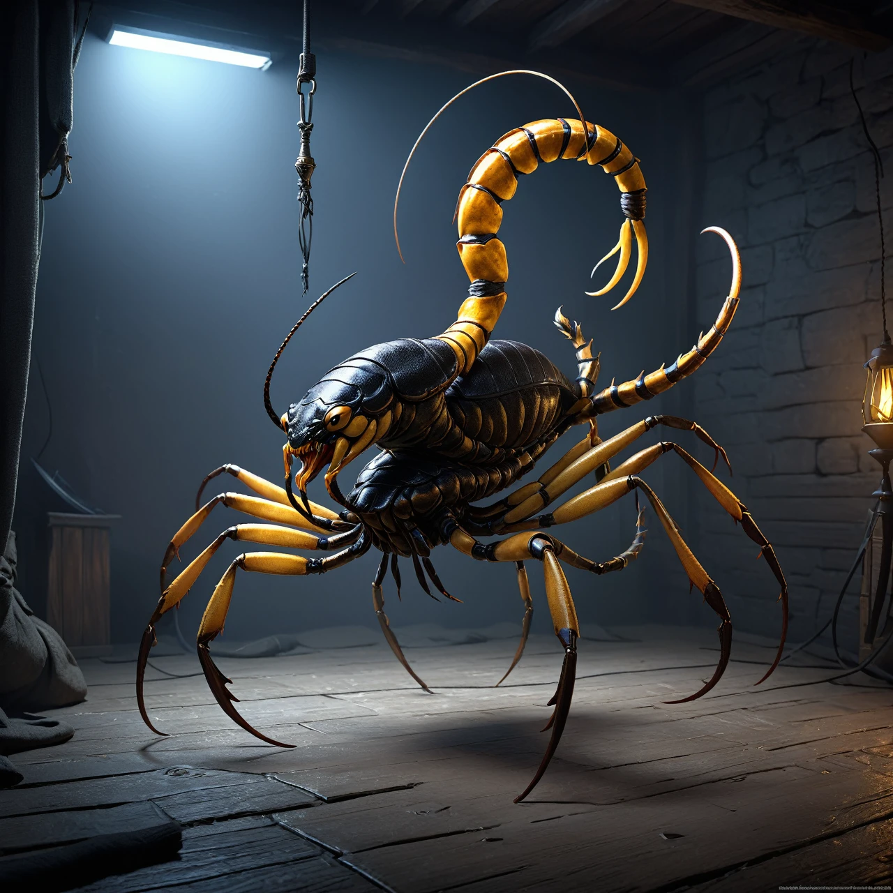 Scorpion with saddle on its back in a dark room, Giant Scorpion, insectoide, very realistic concept art, Scorpion whip, 3D character concept art., concept creature character art, 3 d octane render conceptart