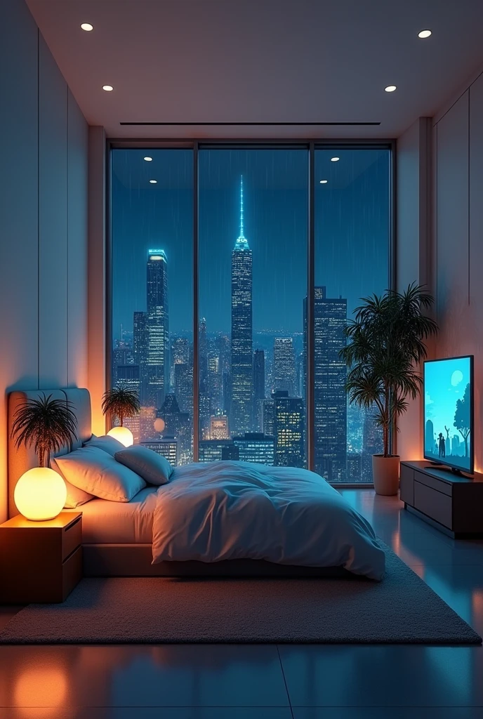 Imagine a cozy modern futuristic bedroom, lamps are shaped like palm trees, white walls, a studio Ghibli film is on the tv, panoramic window view of new york city, night, dark lighting, futuristic, no people, rain