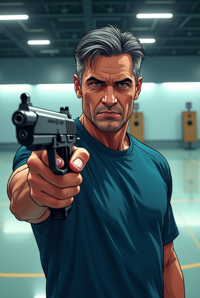 “Manga art-style, generate a detailed image of a middle-aged male athlete representing a professional sports shooter, inspired by Yusuf Dikeç. The character has a robust and athletic build, standing with a confident and calm posture. His face should display strong, defined features, with expressive eyes that convey focus and determination. He has short, slightly graying dark hair, and his technique of shooting with both eyes open should be a key element in the image. The athlete wears minimalistic sports gear, avoiding excessive accessories, reflecting simplicity and natural talent. The setting is a professional shooting range, with subtle lighting that enhances his poised and composed demeanor, capturing the essence of his discipline in a powerful, manga-inspired design.”