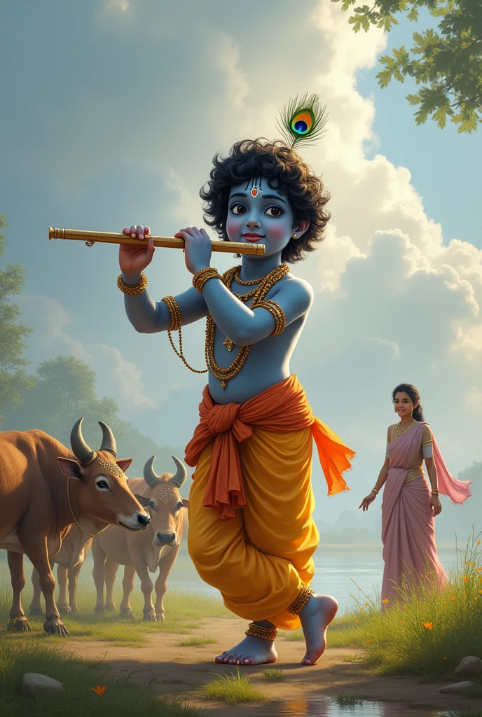 Little Sri Krishna,flute in hand, yamuna river bank background,cows,gopikas behind,namam in forehead, peacock feather in head, mother yasoda behind,watching Sri Krishna leela, cloudy weather