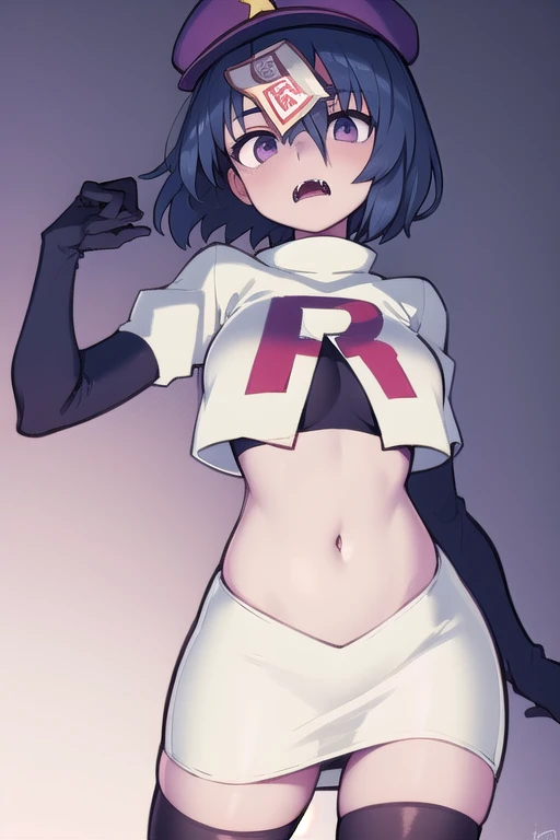 best quality, (masterpiece:1.2), illustration, absurdres, 
(1girl), (solo), (beautiful detailed girl),
Miyako Yoshika, (blue skin, purple skin:1.1), dark blue hair, purple eyes, medium breasts, zombie, jiangshi, undead
blue hat with a yellow star, ofuda on forehead, fangs, looking at viewer,
team rocket,team rocket uniform,white skirt,red letter R,crop top,black thigh-highs,black elbow gloves, cowboy shot,