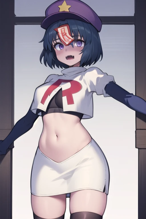 best quality, (masterpiece:1.2), illustration, absurdres,
(1girl), (solo), (beautiful detailed girl),
Miyako Yoshika, (blue skin, purple skin:1.1), dark blue hair, purple eyes, medium breasts, zombie, jiangshi, undead
blue hat with a yellow star, ofuda on forehead, fangs, looking at viewer,
team rocket,team rocket uniform,white skirt,red letter R,crop top,black thigh-highs,black elbow gloves, cowboy shot,
